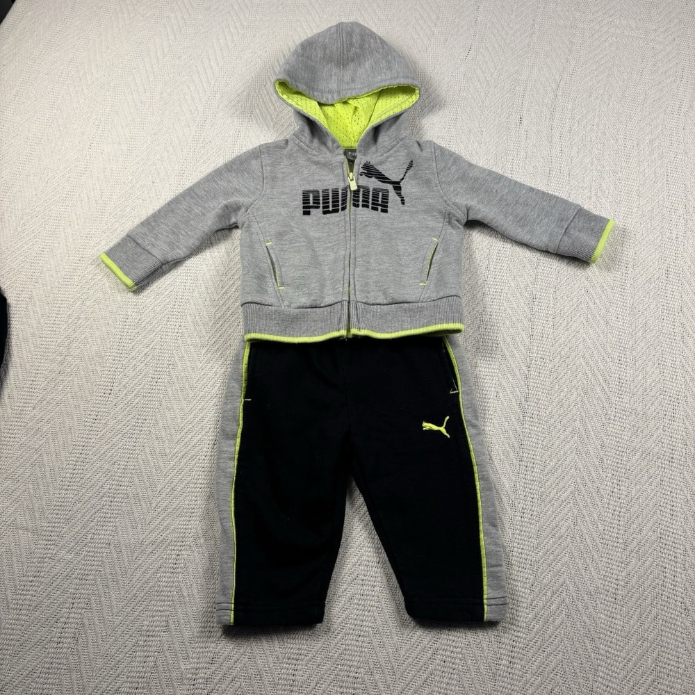 PUMA Boys' Gray Hoodie Black Pant Set Sweatpants Green Lining Size 3-6 Months